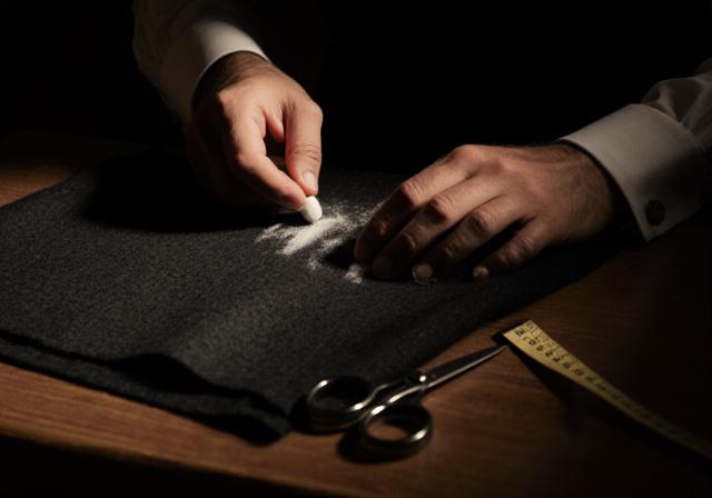 Artigiano al lavoro su un abito sartoria