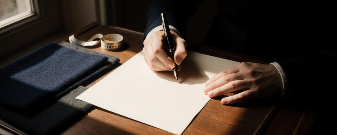 Un sarto artigiano che firma documenti su una scrivania di legno classica